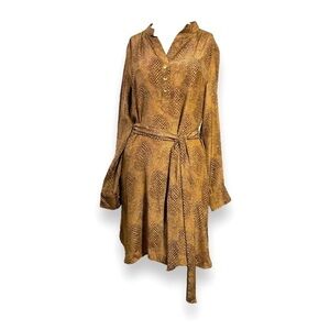 NEW Britt Ryan Silk Animal Print Dress Black Brown Long Sleeve Tie Waist Women S